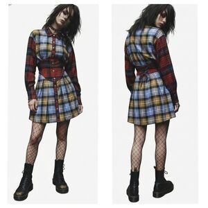 Sam Edelman Plaid Corset Mini Shirtdress Red Yellow Blue Small NWT
